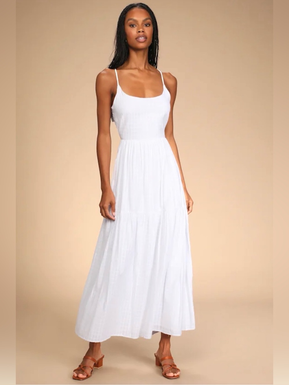 Lulu's Hear My Heartbeat White Sleeveless Tie-Back Tiered Maxi Dress, Medium